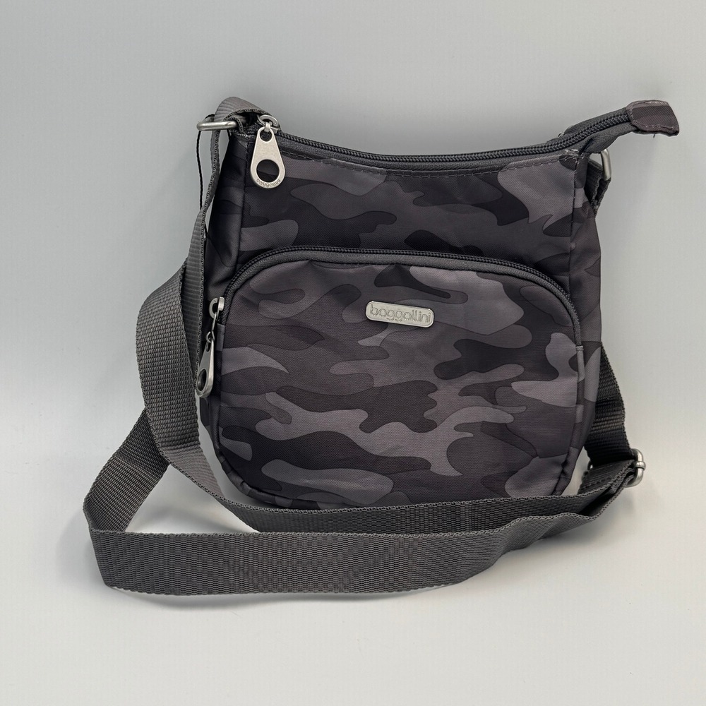 Baggallini Grey Camo Nylon Crossbody Bag Small Multi Pocket Travel Purse